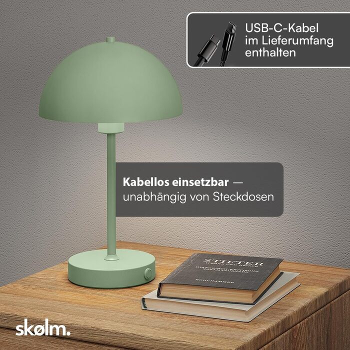 LED настільна лампа Skølm Aeriala: регульоване світло, USB-C зарядка, до 10 годин роботи, металева, тепле біле світло, енергоефективність G (м'ятно-зелена)