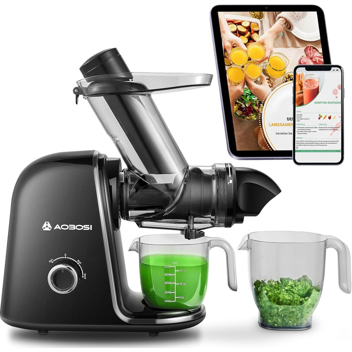 Електричний соковитискач AOBOSI Slow Juicer з 2 швидкостями - для овочів та фруктів, з 8-ступеневою шнековою системою, щіткою для очищення та 2 чашами, функція реверсу