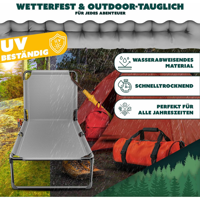 Розкладне кемпінгове ліжко KESSER з преміум-матрацом та подушкою, 190 x 68 x 30 см, витримує до 250 кг, з кишенею та підстаканником, сіре/блакитне