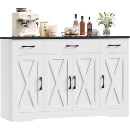 Сервант HOCSOK 140 см: кухонний буфет з 3 висувними ящиками, 4 дверцятами та 2 регульованими полицями, білий та коричневий