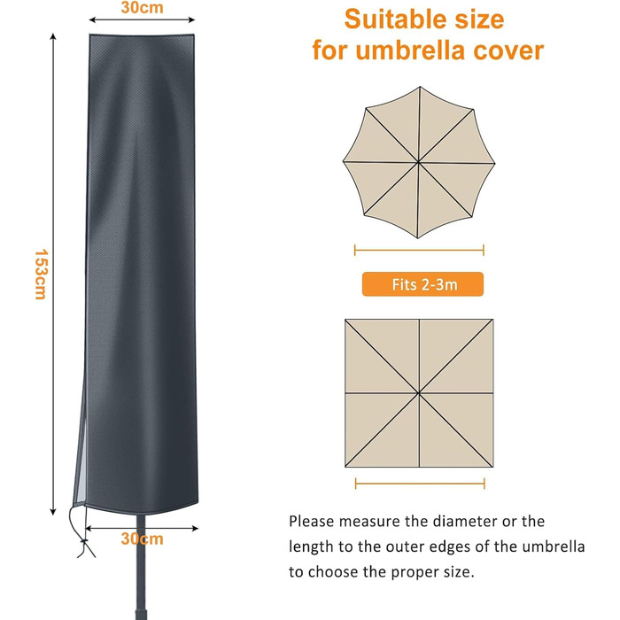 Чохол для парасольки OKPOW 3м, 600D, водонепроникний, з блискавкою, захист від УФ, вітру та снігу (153x30/30 см, темно-сірий)