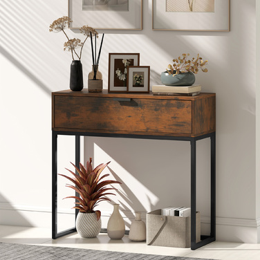 Консольний столик-тумба з ящиком, в індустріальному стилі, для передпокою або вітальні, 80x30x76 см, чорний
