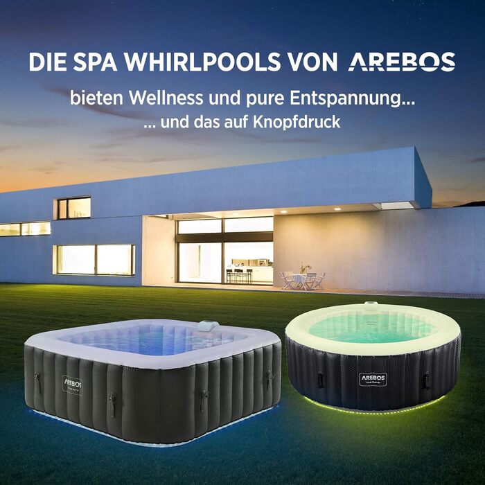 Надувний гідромасажний басейн-спа Arebos Spa Whirlpool 2400 Вт для 6 осіб, 185x185 см, 130 масажних форсунок, LED-підсвітка, 910 л, з кришкою