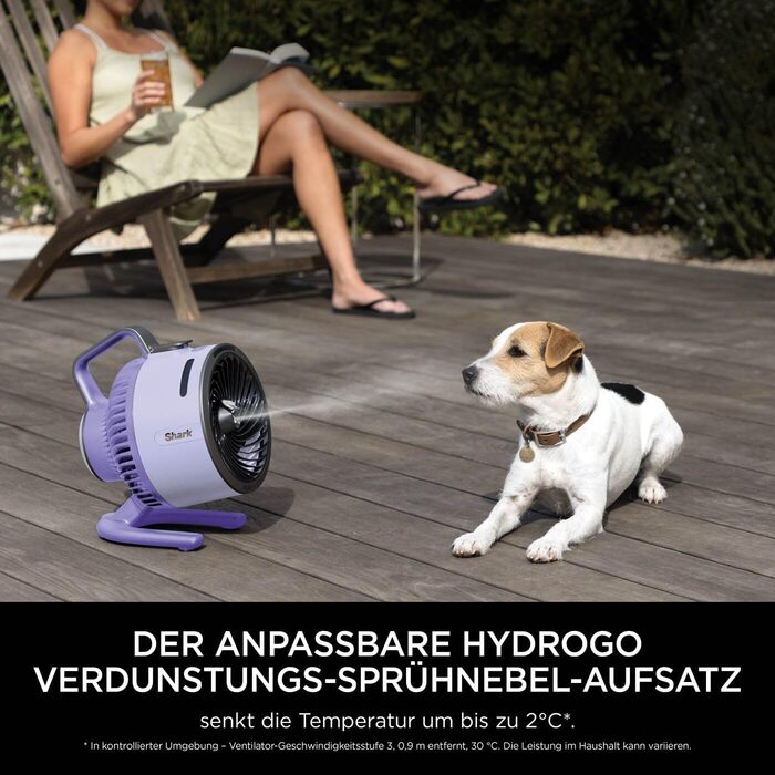 Вентилятор Shark FlexBreeze HydroGo Starker з функцією зволоження, для дому та вулиці, тихий та довговічний, з підключенням до мережі та без, компактний та легкий, струмінь повітря до 20 м, фіолетовий FA050EULV