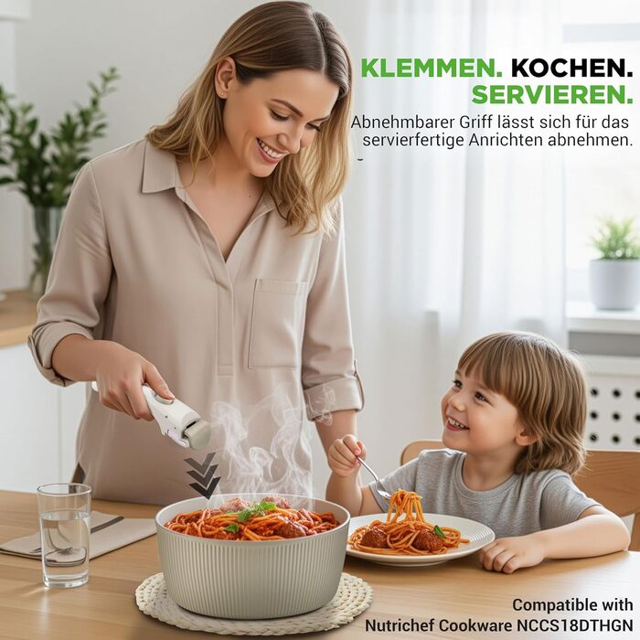 Набір посуду NutriChef 18 предметів з кераміки з знімними ручками. Індукційне дно, антипригарне покриття, компактний, можна ставити один на інший, безпечний у духовці. Підходить для всіх типів плит (зелений, знімні ручки)