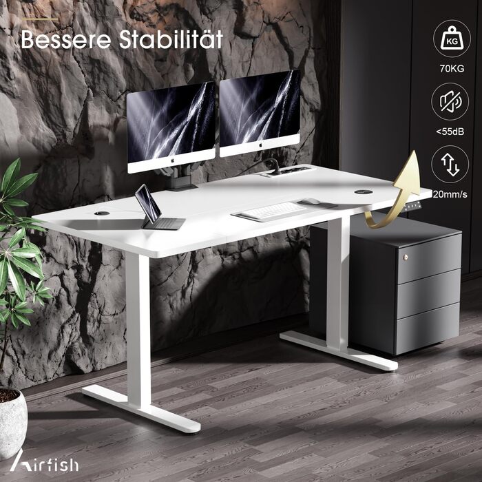 Електричний стіл Airfish з регулюванням висоти (140x70 см) з бездроговою зарядкою, пам'яттю на 3 положення та функцією нагадування про відпочинок, білий.