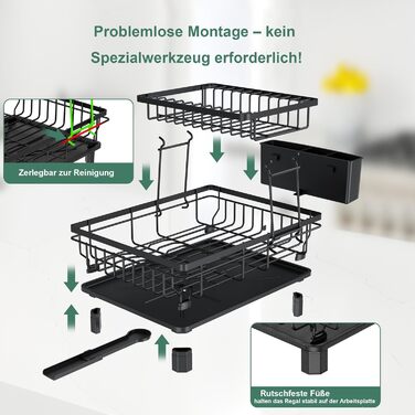 Сушарка для посуду ROTTOGOON розширювана, 2-ярусна, чорна: нержавіюча сталь, з висувним носиком та відділенням для столових приборів