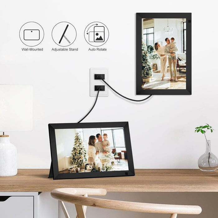 Цифровий фоторамка 10.1 дюйма з Wi-Fi, 64GB пам'яті, IPS LCD сенсорний екран 1280x800, автоповорот, аудіо, швидке завантаження фото та відео, чорний