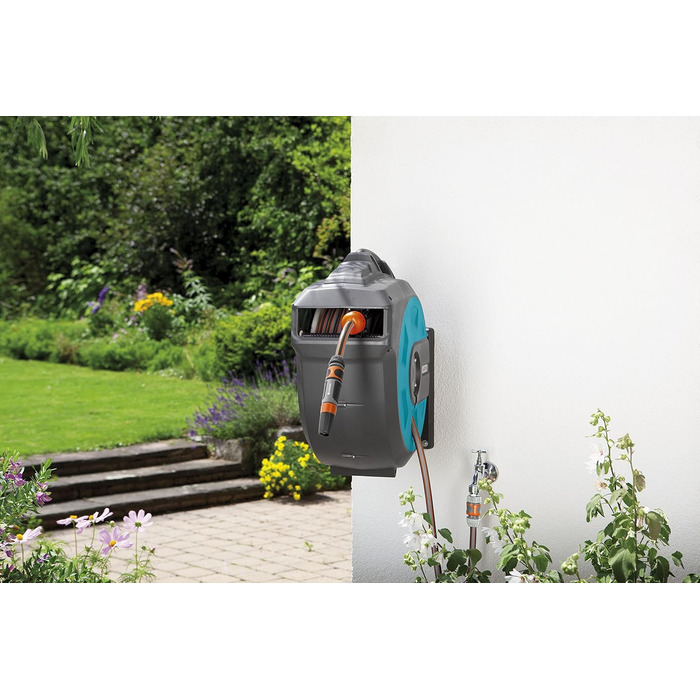 Набір для автоматичного збору садового шланга Gardena Wand-Schlauchbox 35: автоматична котушка, 35 м, якісний шланг, кріплення, насадки, розпилювач (8024-20)