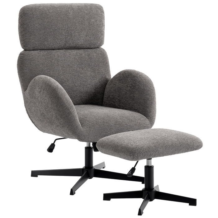 Обертовий крісло з пуфом, регульоване крісло-акцент з регульованою підголівкою, функція гойдання, сірий колір