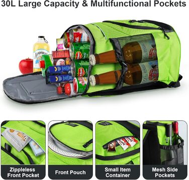 30L Рюкзак-холодильник великий, витокостійкий ізольований рюкзак для пікніка для чоловіків та жінок, термо-холодильник для пляжу, кемпінгу, відпочинку на природі, риболовлі, зелений