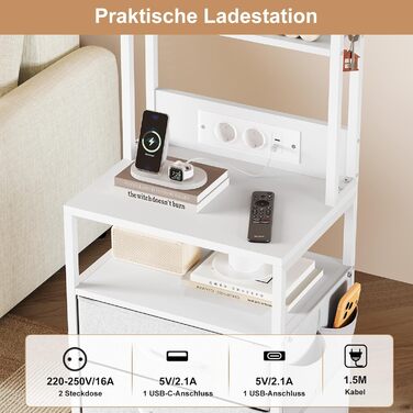 Нічний столик з підзарядкою та LED, бічний столик з 3 висувними ящиками з тканини, тумбочка з полицею для книг, відкрите відділення, 2 розетки AC, USB та Type C порти, для спальні, вітальні, офісу (40x30x60 см, Білий, 1)