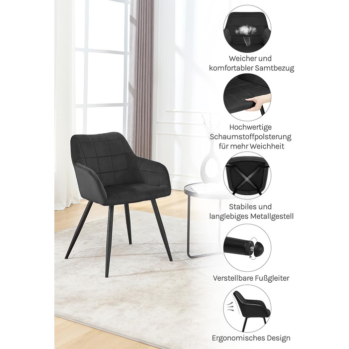 Крісла для їдальні WOLTU - 8 шт., з м'яким сидінням з велюру, металеві ніжки, для кухні, вітальні