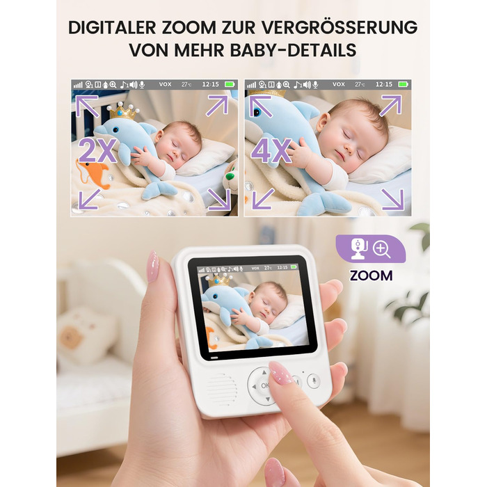 Радіоняня з камерою OBVHNUA 720P IPS: відеоняня без Wi-Fi, акумулятор 2000mAh, нічна зйомка, датчик температури, двосторонній зв'язок, колискові, режим VOX, екран 2.8