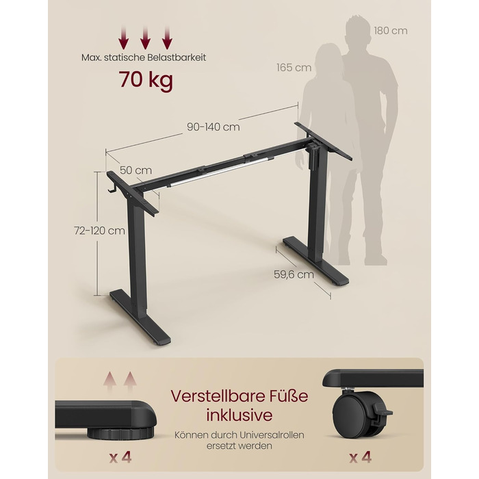 Електричний регульований стіл VASAGLE, сталеве каркас, без стільниці, з 2 гачками, пам'ять 3 положень, чорний (LSD021B01V2)