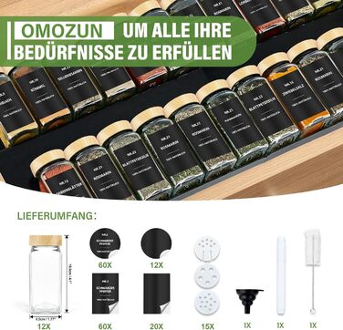 Набір кухонних банок для спецій 24 шт. з етикетками: скляні дозатори 120 мл з ситечком, вологостійкі етикетки, органайзер для спецій у шухляду, чорний