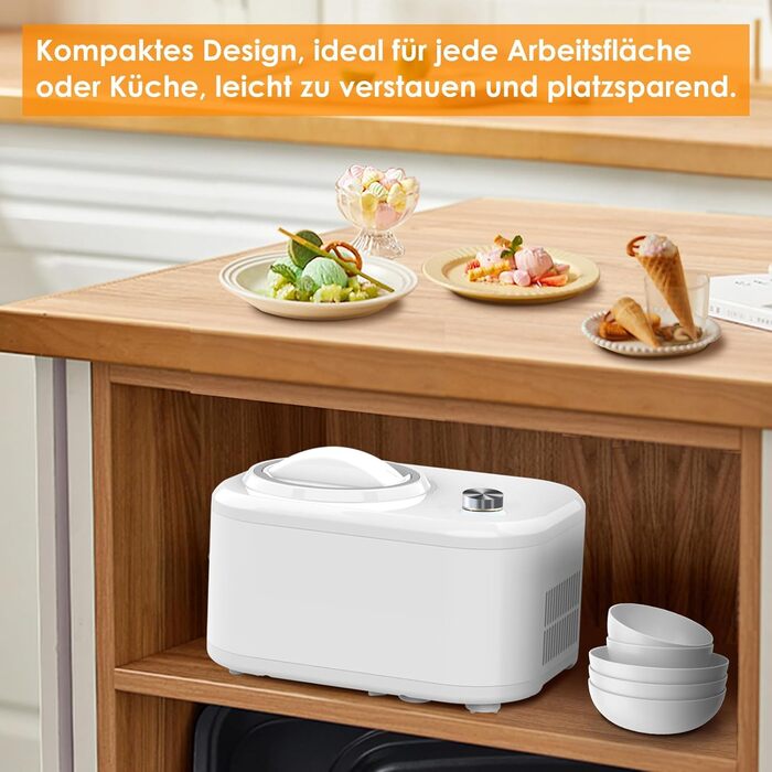 Морожениця Homtone з компресором, самохолодна, 0.8 л, 100 Вт, для домашнього використання, для морозива, м'якого морозива та фрозен-йогурту, з алюмінієвою чашею і рецептурником