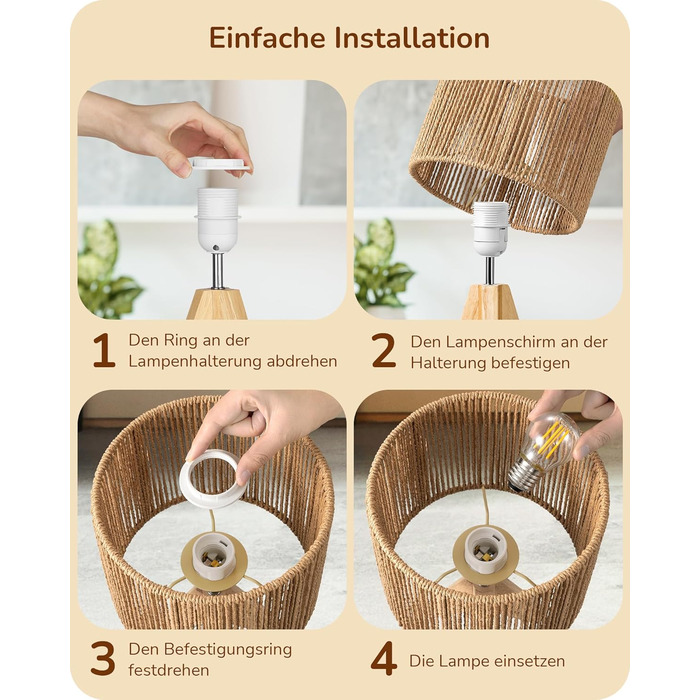 LED настільна лампа EDISHINE з абажуром з ручної роботи та дерев'яною підставкою, тепле світло 2700K, бохо-стиль для спальні, вітальні та готелю, з лампочкою E27 4W, паперовий шнур