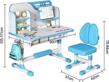 Дитячий письмовий стіл і набір стільців Somerway, регульований по висоті, з дошкою для письма, книжкова полиця (A02blue)