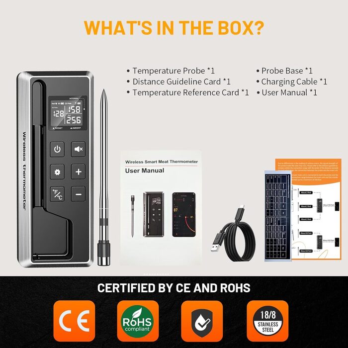 Цифровий термометр для м'яса – миттєве відображення температури, бездротовий, з двома датчиками, Bluetooth, водонепроникний IP67, для гриля та приготування їжі