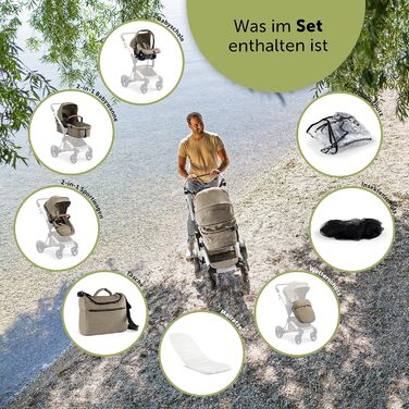 Дитяча коляска Bergsteiger Lugo 3в1 | Комплект з аксесуарами: автокрісло, прогулянковий блок, сонцезахист та вітрозахисний чохол | Isofix база доступна, колір: коричневий | Рама: срібна