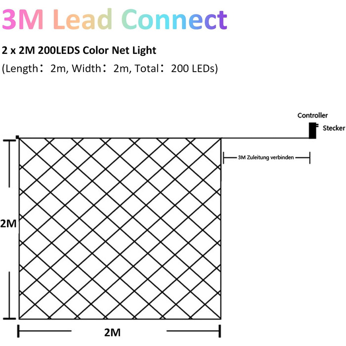 Світлова мережа, 2x2M, 8 режимів, IP44, Внутрішній/Зовнішній, Різнокольоровий, 200 LED