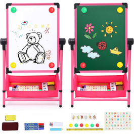 Дитяча мольберт Kinderstaffelei з двома боками, складний, регульована висота 74,9-111,8 см, з місцем для зберігання, поворотний на 360°, мольберт для малювання та дошка з набором літер та цифр, рожевий для хлопчиків та дівчаток