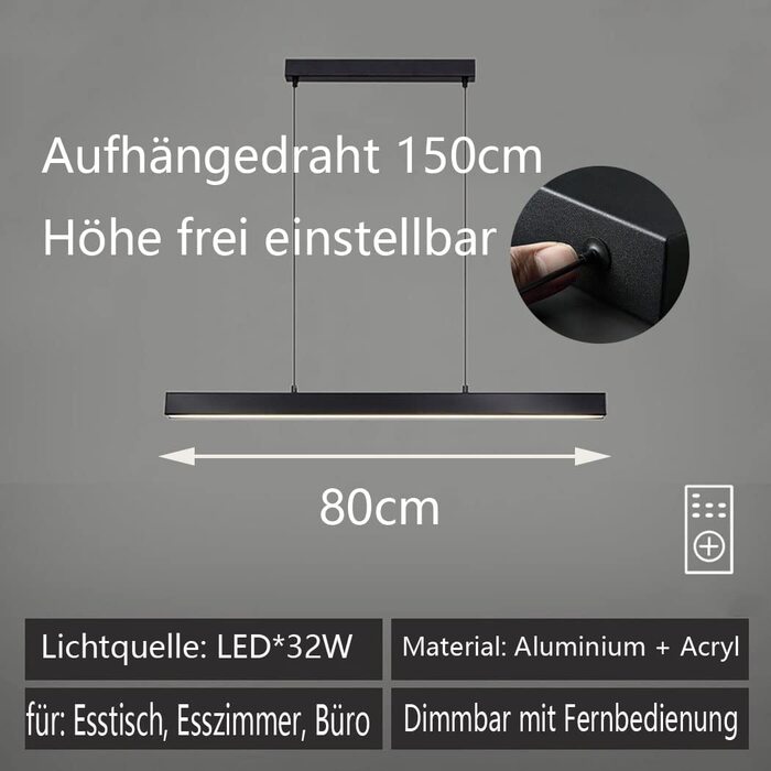 Світлодіодний підвісний світильник з регулюванням яскравості чорний, пульт дистанційного керування, регульований по висоті, для обіднього столу/кухні (L80см/32W)