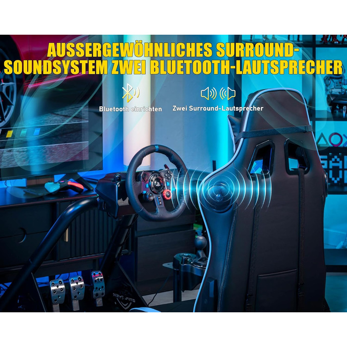 GTPLAYER Симулятор кокпіт для автосимуляторів, стійка для керма та педалей з динаміками (Синій)