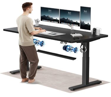 Електричний підйомний стіл Devoko 180x80 см, ергономічний комп'ютерний стіл для роботи сидя-стоячи з двома моторами, пам'яттю та USB-C (чорний)