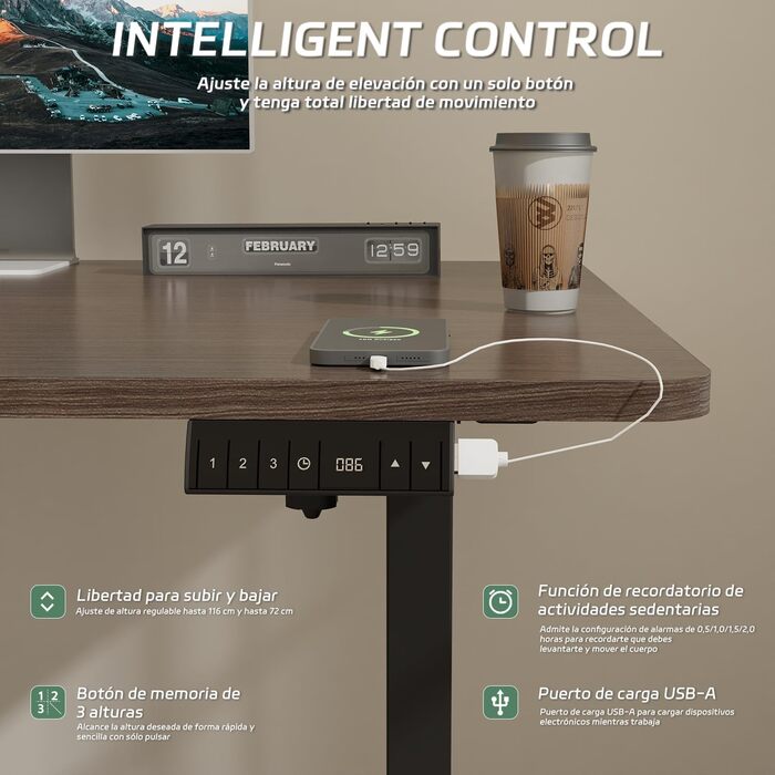 Регульований за висотою стіл Airfish з USB-роз'ємом, електричний стіл з підставкою для кабелів, комп'ютерний стіл, офісний стіл, столик для стояння з нагадуванням про сидячу роботу, 120 x 70 см, вінтажний коричневий