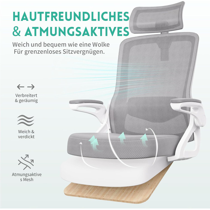 Ергономічне крісло для офісу та геймінгу, широке сидіння, регульовані підлокітники, біло-сіре, 90° підйом підлокітників