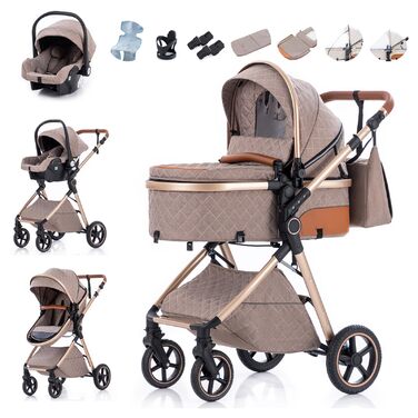 Дитяча коляска Zkipm 3 в 1, комплект з люлькою, автокріслом, складається, прогулянка, регулювання положення, великий капюшон, до 15 кг, 0-3 роки (8-V8-Кара-Коричнева)