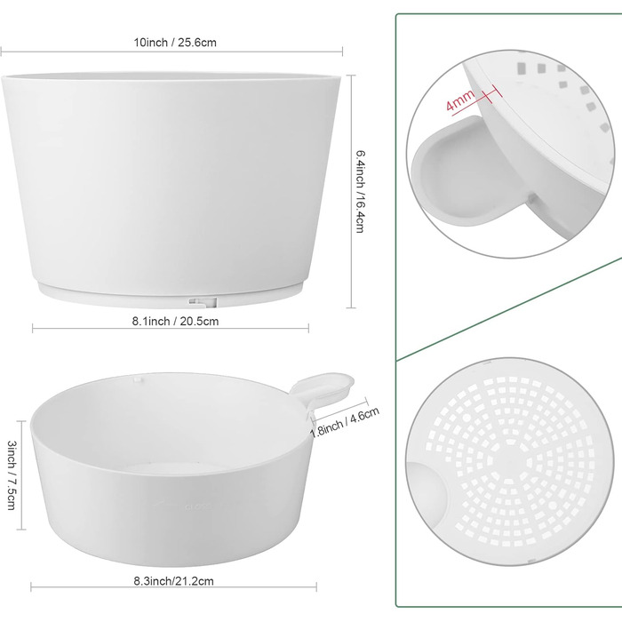 Набір з 2 горщиків для квітів 25.4 см, пластик, з системою поливу, для дому, балкону, саду, сукулентів, кактусів (зелений, білий)