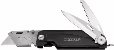 Westcott E-84034 Багатофункціональний ніж-мультитул з лезом Drop-Point 7,5 см, складаною пилкою 7,5 см, викруткою, LED-ліхтариком, лінійкою, металевою ручкою, чорний, 19 см