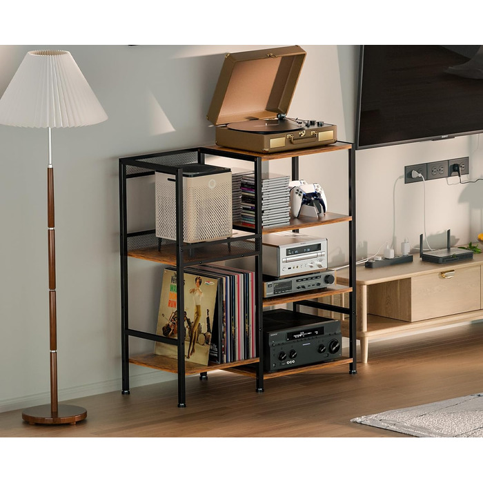 Підставка для програвача з полицями для вінілових платівок, до 200+ альбомів, медіа-тумба, консольний столик, стійка для аудіо-відео, підставка для програвача, полиця в стилі рустік, коричнева, компактна