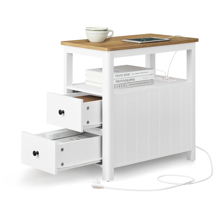 Приставний столик VASAGLE з розетками, 2 шухляди, для невеликих кімнат, стиль марина, горіхово-білий (LET327W14)
