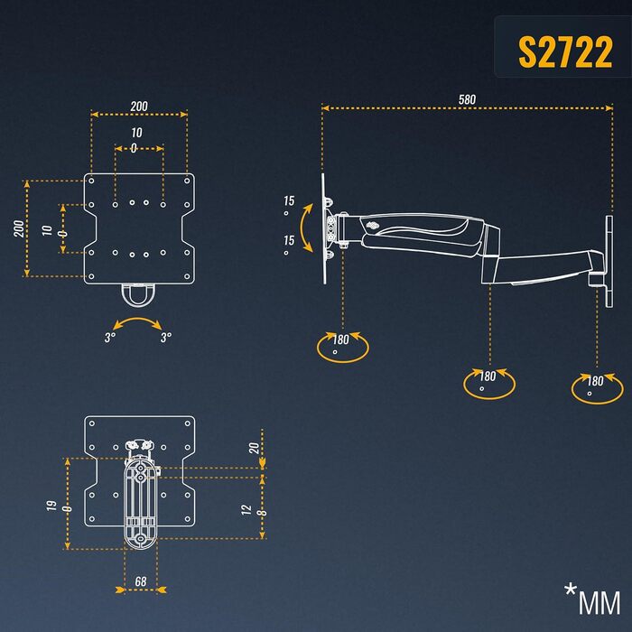 Кріплення для монітора RICOO S2711: регульований, поворотний, газ-пружинний, для моніторів 13-34 дюймів, VESA 75/100, кріплення на стіну