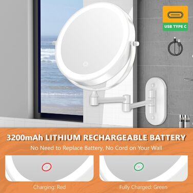 Дзеркало для макіяжу Auxmir з підсвічуванням, 1x, перезаряджуване, з підсвічуванням для гоління, настінне, з регулюванням яскравості, збільшувальне (30x), 3 кольори світла, поворотне на 360°, для ванної кімнати (білий)