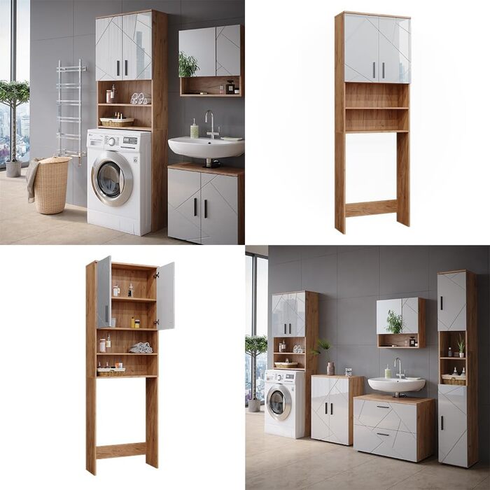 Шафа для пральної машини Vicco Irma, білий глянець/дуб, 64x190,5 см, ванна шафа над пральною машиною