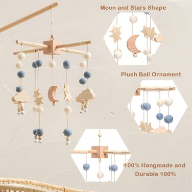 Мобільний дзвіночок для малюків з повстяними кульками місяць мобільний дитячий дерев'яний мобільний дзвіночок для маленьких дівчаток підвісний над дитячим ліжечком Мобільний для дитячого ліжечка (ясен) (синій)