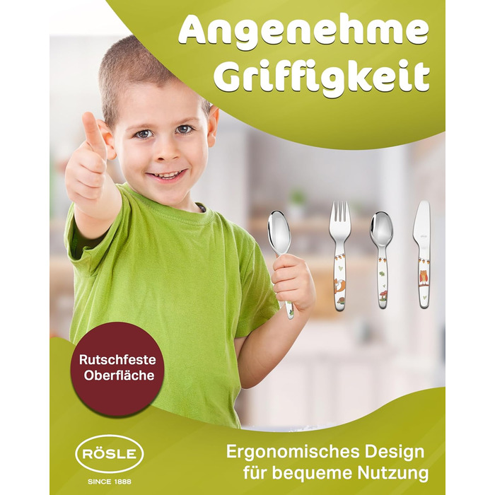 Дитячий набір столових приборів RÖSLE 'Waldfreunde' (4 шт.) з нержавіючої сталі 18/10, для дітей від 3 років, придатний для миття в посудомийній машині, чудовий подарунок на хрещення для хлопчиків та дівчаток