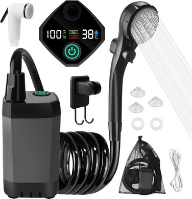Портативна кемпінгова душ TAVADA з акумулятором 6000mAh, з насосом та термометром, з душ-насадкою та шлангом