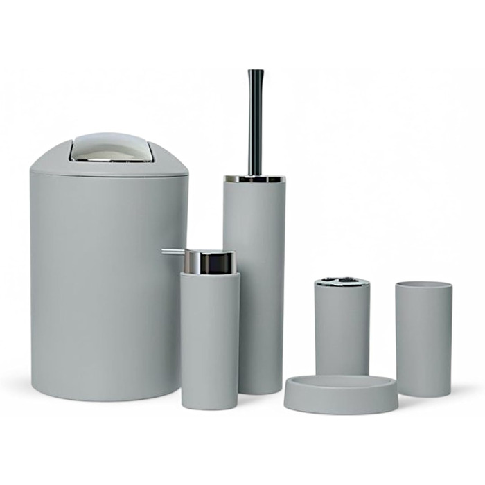 Набір аксесуарів для ванної кімнати 6tlg Badset: мильниця, стакан для зубних щіток, відро для косметики, щітка для унітазу та тримач, мильниця, сміттєвий бак, тримач для зубних щіток (Сірий, дизайн 2a)