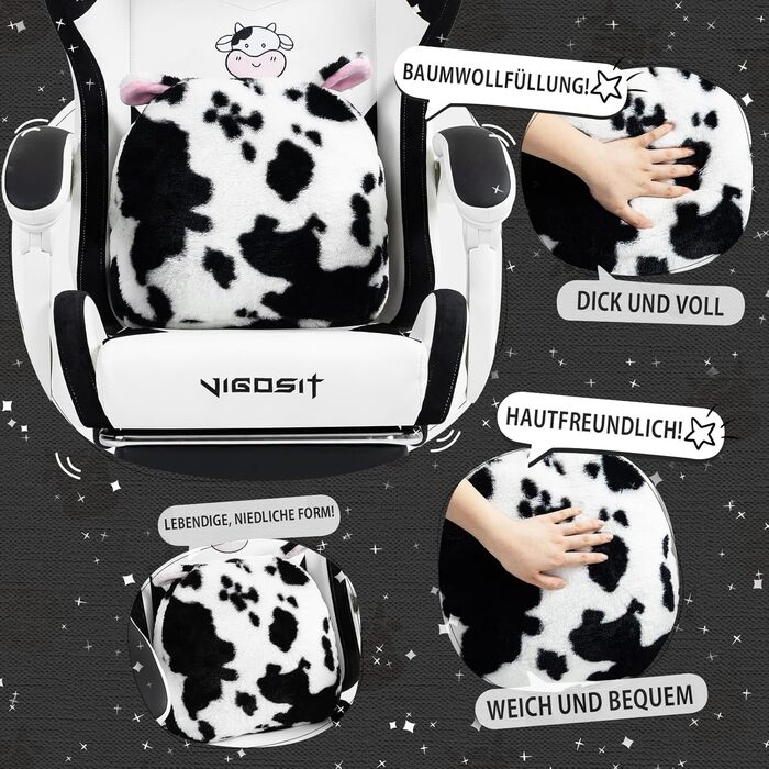 Ігровий крісло з милою формою та подушкою Каваї, ергономічний комп'ютерний ігровий стілець для дівчат з підтримкою попереку та підставкою для ніг, зручне відкидне крісло для підлітків (чорно-білий)