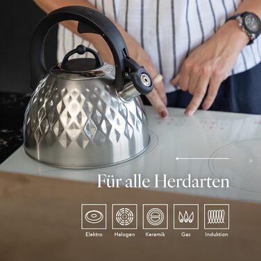 Чайник FLORINA Fenny Satin Induktion 2.5L з нержавіючої сталі, Cool-Touch, сучасний дизайн