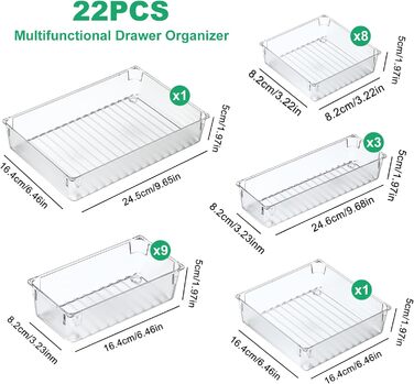 Система органайзерів для ящиків, прозора, 5 розмірів для макіяжу, офісу, ванної кімнати, кухні, 22 шт.