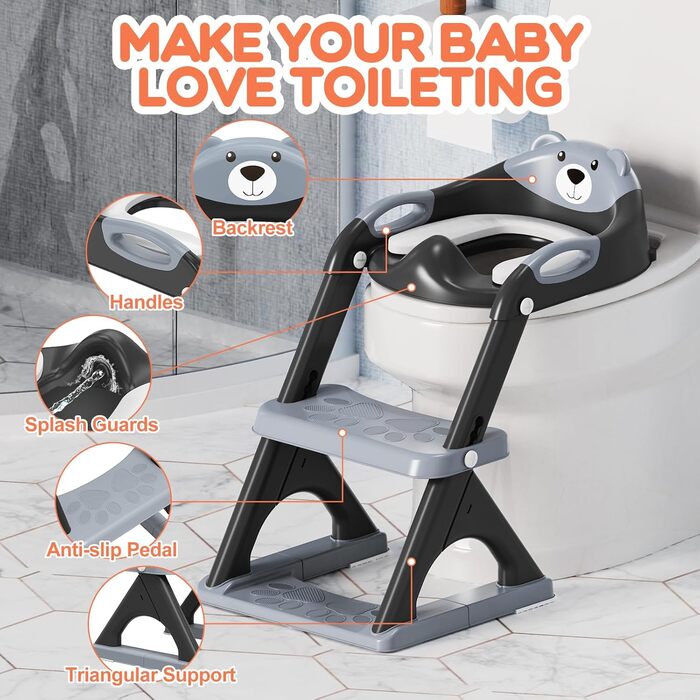 Дитячий унітаз-сходи SKYROKU 2-в-1 з сидінням для туалету, 2-7 років, до 90 кг, PP (без BPA), 5 сходинок, чорний