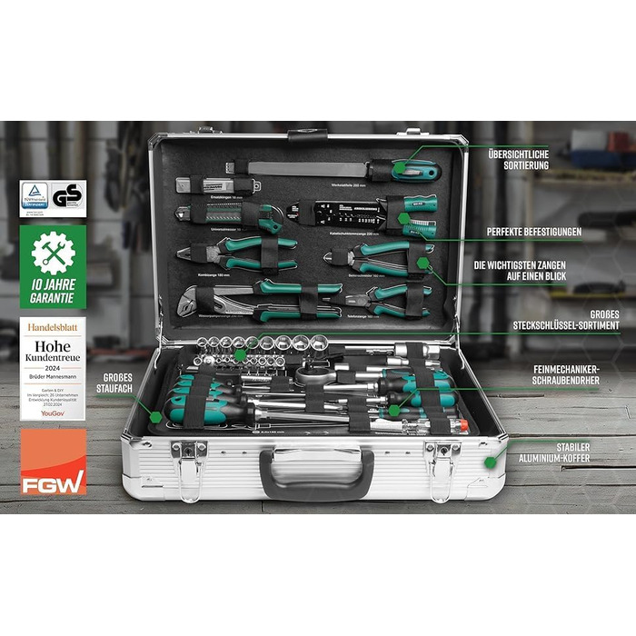 Набір інструментів Brüder Mannesmann 108 предметів в алюмінієвому кейсі: викрутки, плоскогубці, біти, головки, молоток. Сталь Cr-V