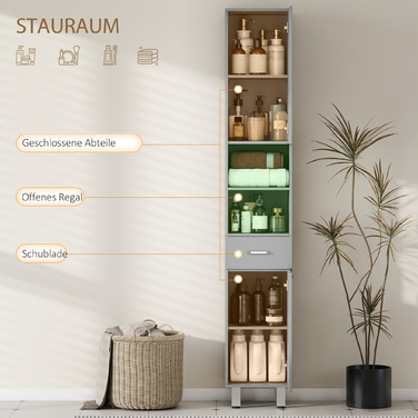 Шафа для ванної кімнати з полицями та висувним ящиком, регульована, сіра